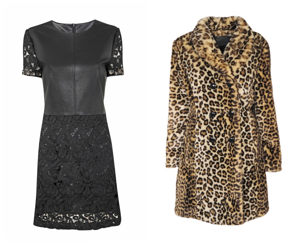 leather dress, leopard trench coat