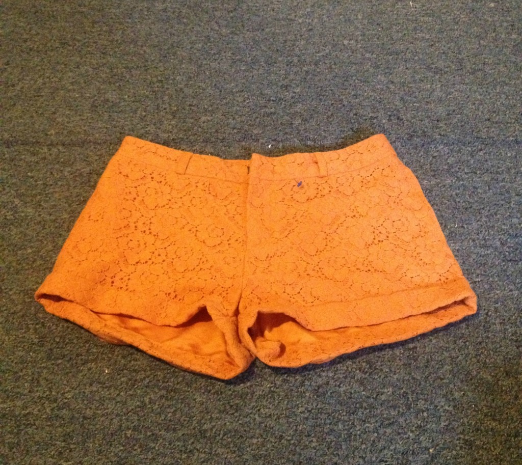 lace shorts, orange lace shorts, Goodwill fashion