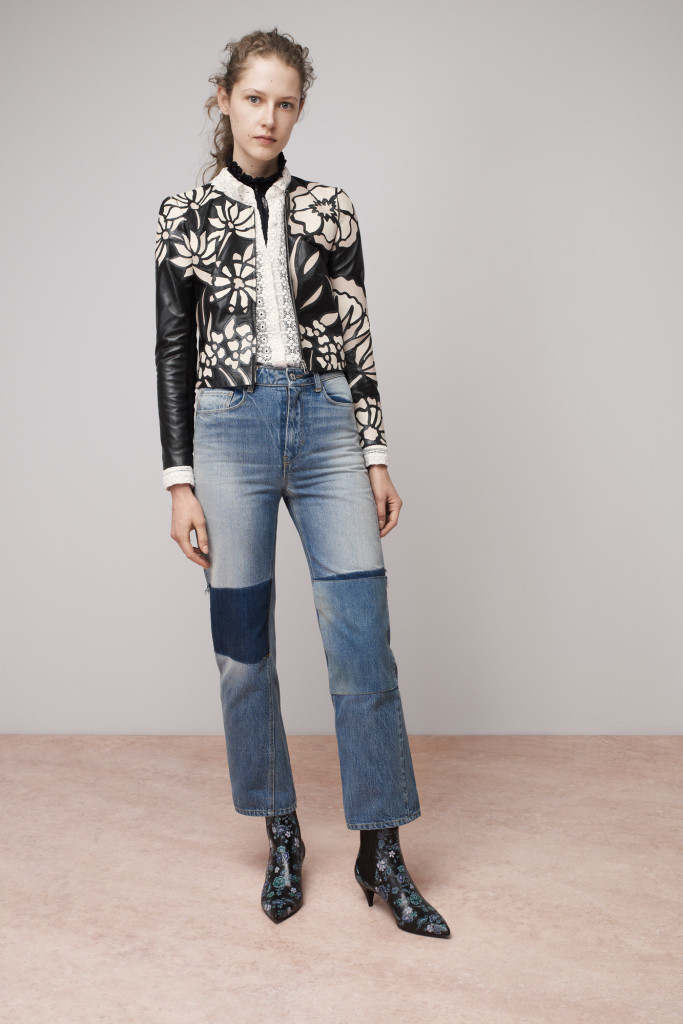 Rebecca Taylor Metallic Blouse with Leather Applique Jacket and Patch Denim Pant