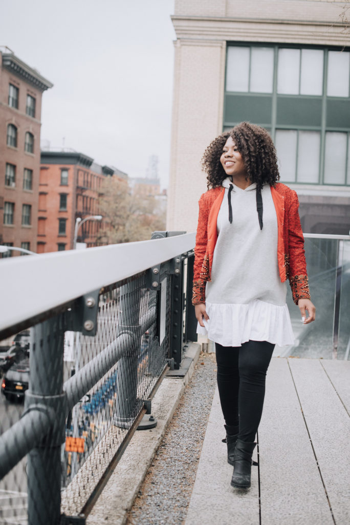 Looking Fly on a Dime: red beaded jacket and ruffle hem hoodie 
