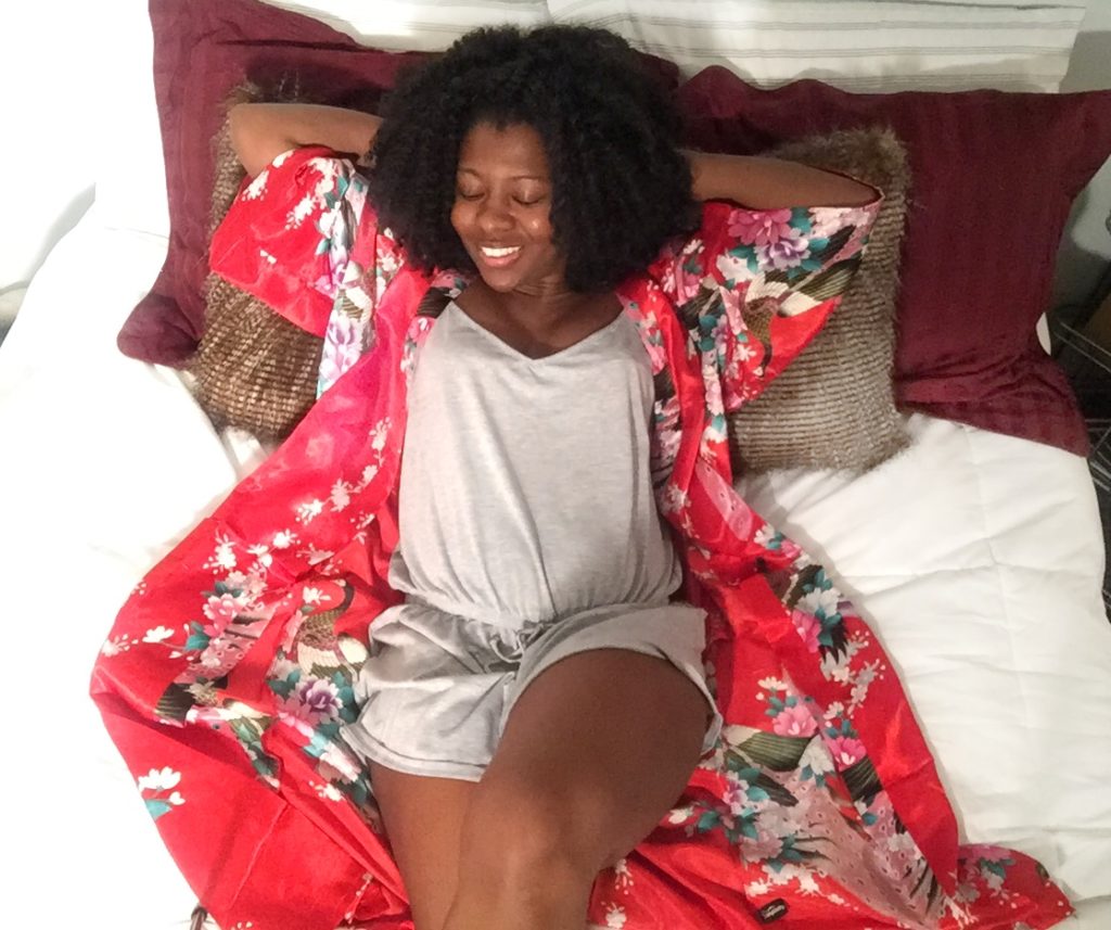 Looking Fly on a Dime: red floral kimono robe and gray pajama romper