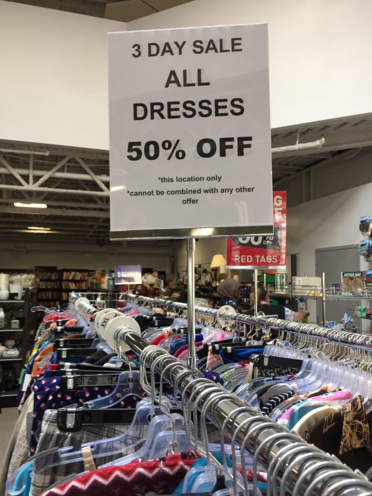 Goodwill Edmonton 50 percent off all dresses sign 