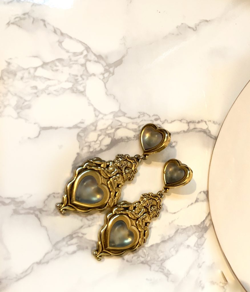 Thrift Store Favorites: vintage gold clip on earrings with cherubs and hearts